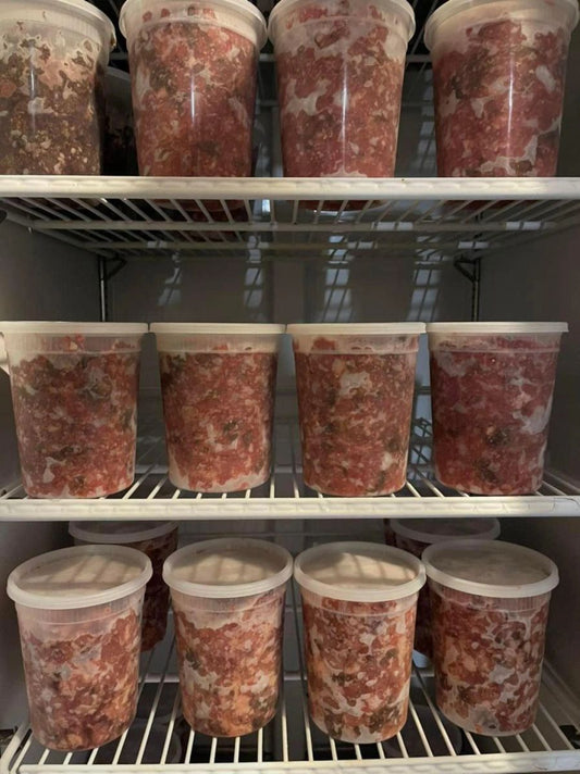 Ground raw dog food 2lbs (Chick., beef, green tripe, kelp, and farm fresh eggs)